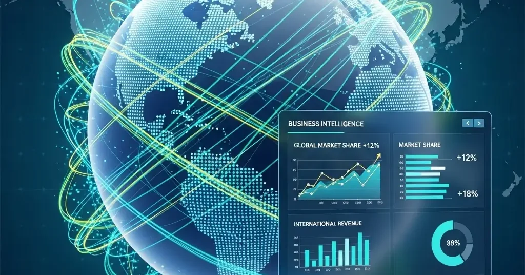 Globo moderno con red de datos y tablero de Business Intelligence. Estrategia de datos para el crecimiento global y consultoría BI.