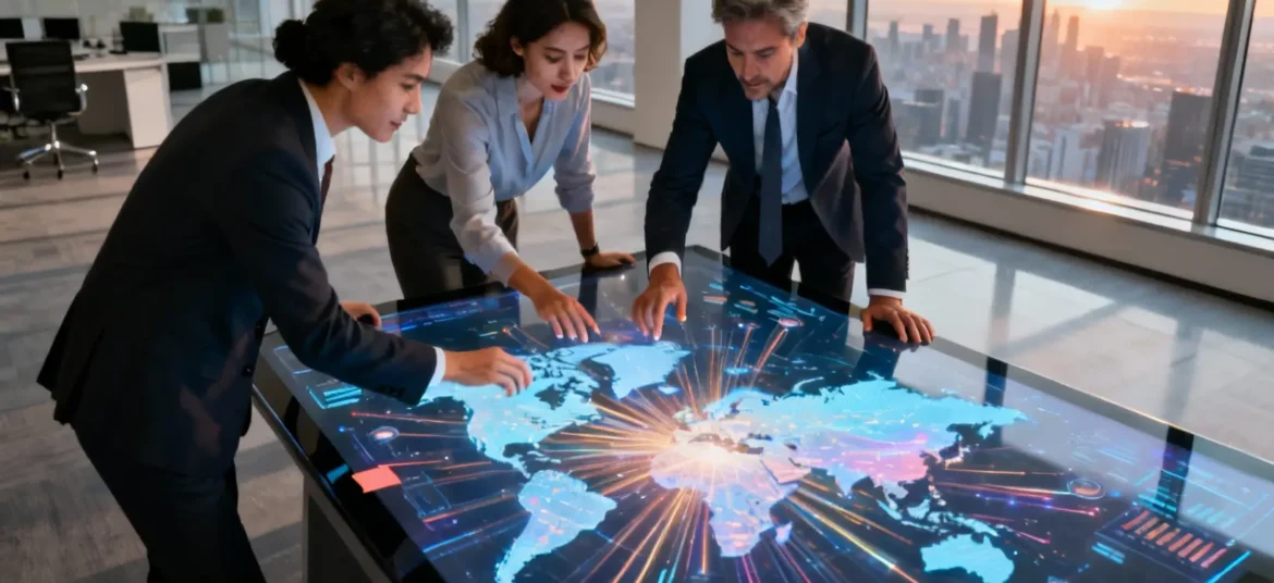 Profesionales diversos planifican estrategia de marketplace internacional en mesa interactiva con mapa mundial holográfico 3D.