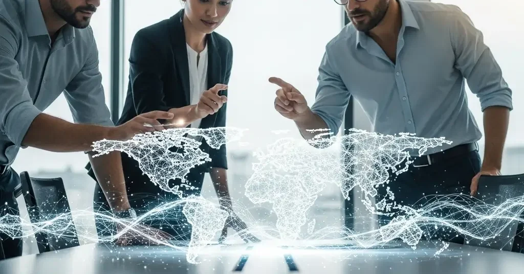 Equipo diverso colabora en estrategia de marketing digital internacional, interactuando con red de luz etérea. Oficina moderna.