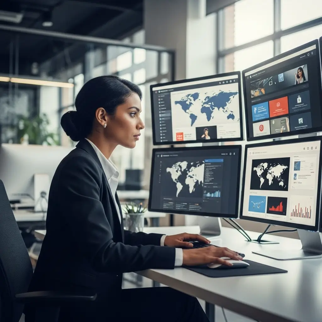 Profesional diversa en un escritorio moderno, lanzando estratégicamente campañas de marketing digital internacional en monitores.