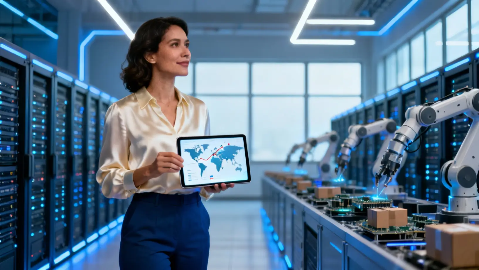 Mujer profesional en un centro logístico moderno, mirando una tableta con datos de envío global, simbolizando eficiencia en la estrategia de marketplace internacional.