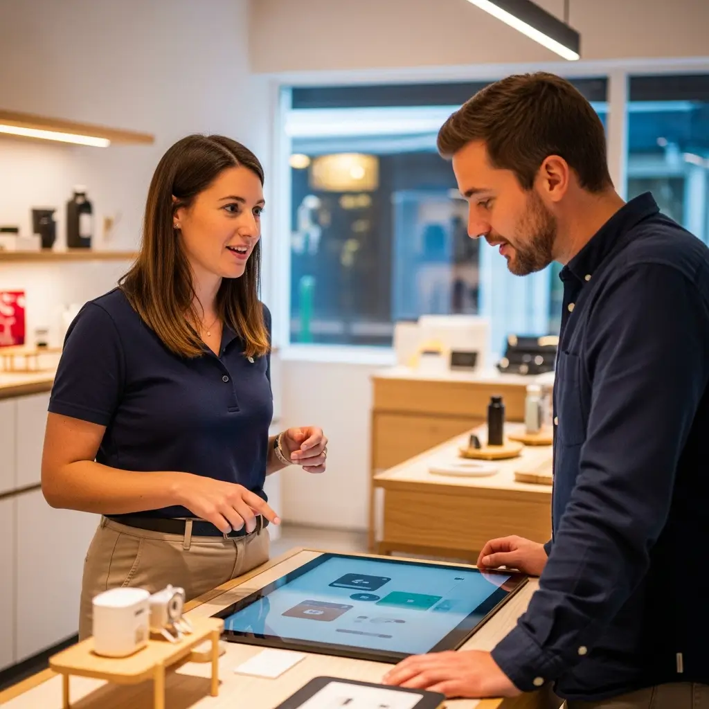 Rappresentante di brand dimostra un prototipo a un cliente in un negozio pop-up moderno. La conversazione genuina si concentra sulla proposta di valore e sul branding.