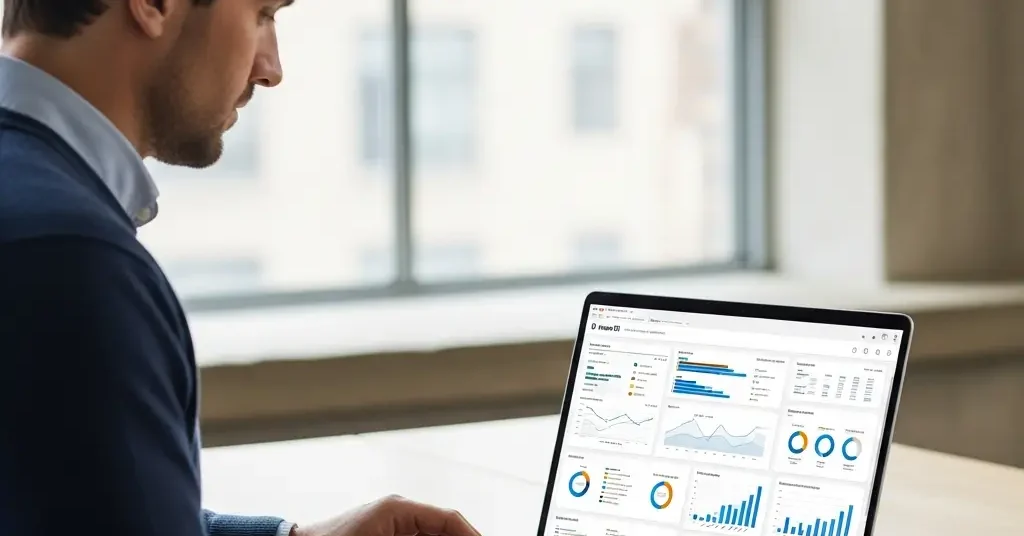 Profesional concentrado analiza datos de inteligencia competitiva en su laptop para optimizar operaciones y bases de datos.