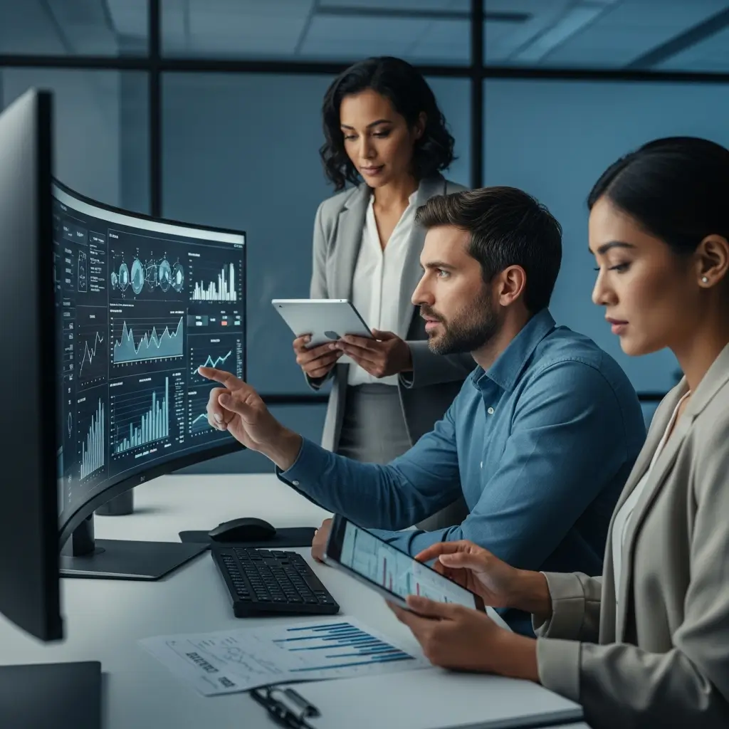 Profesionales analizan detalladamente gráficos de crecimiento y datos de exportaciones en un laboratorio moderno, identificando nuevos mercados internacionales.