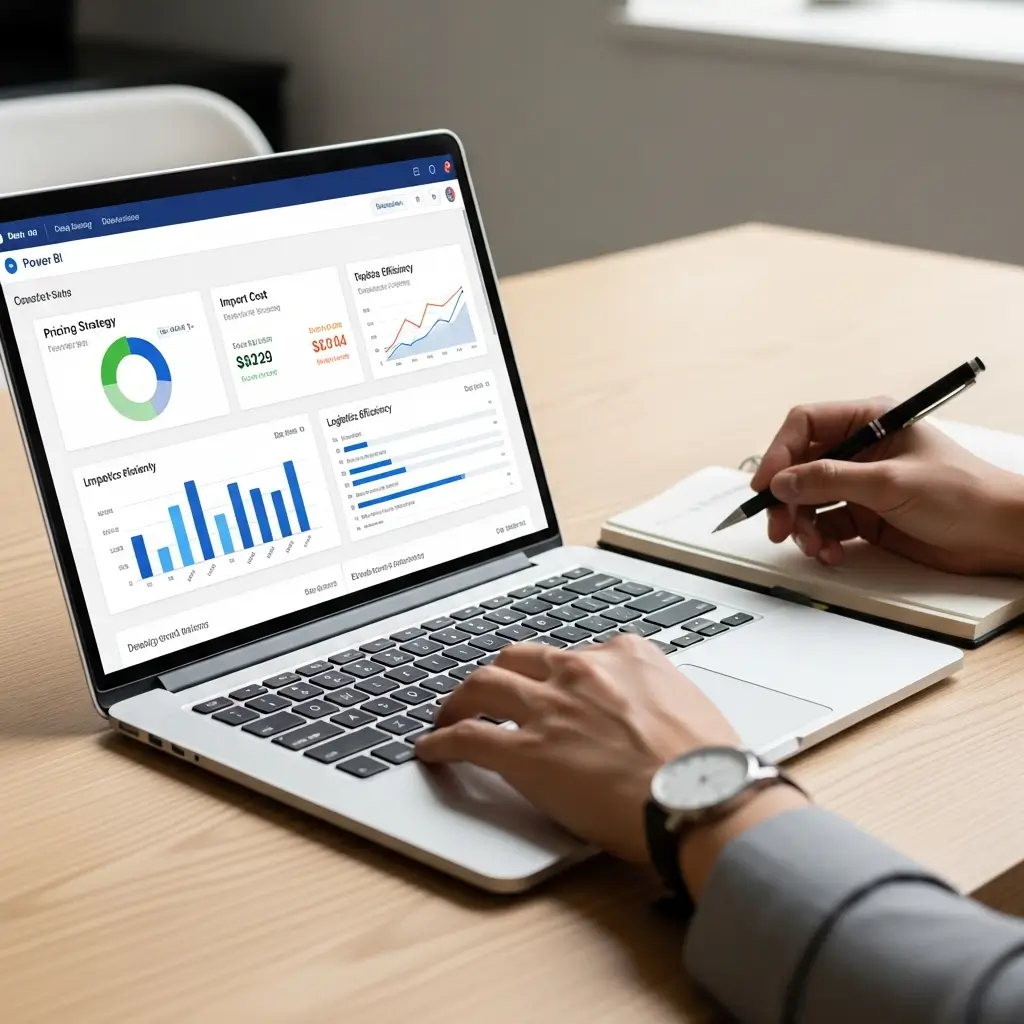Manos analizando un dashboard de Power BI con métricas de precios y logística en una laptop sobre una mesa de madera, con planificación.