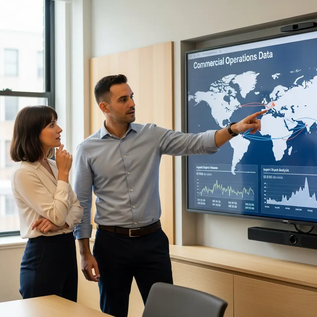 Dos profesionales analizan datos de operaciones comerciales globales en pantalla, uno señala un gráfico y el otro escucha pensativo.