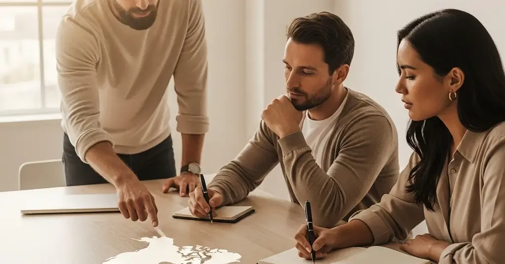 Equipo diverso colabora en reunión. Señalan mapa, esbozan ideas, observan pensativos. Estrategia de marca y propuesta de valor.