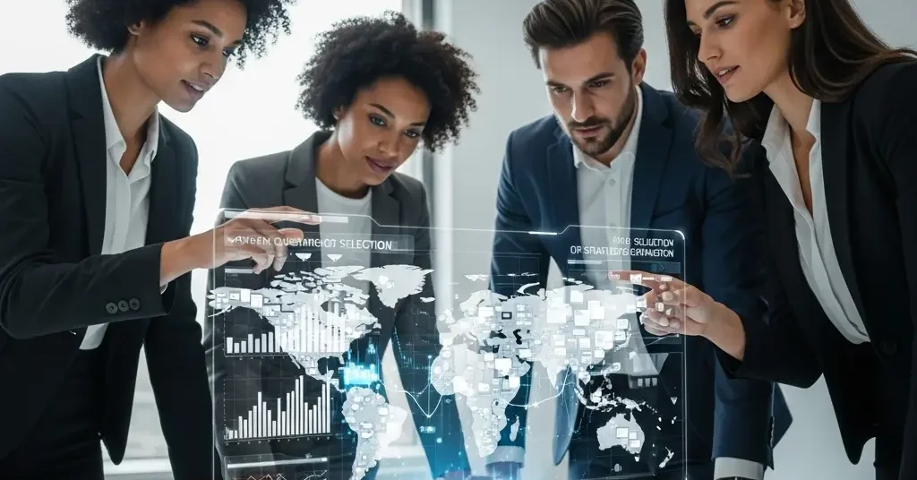 Profesionales diversos analizan mapa holográfico mundial con datos de mercados internacionales en sala futurista, planificando expansión global.