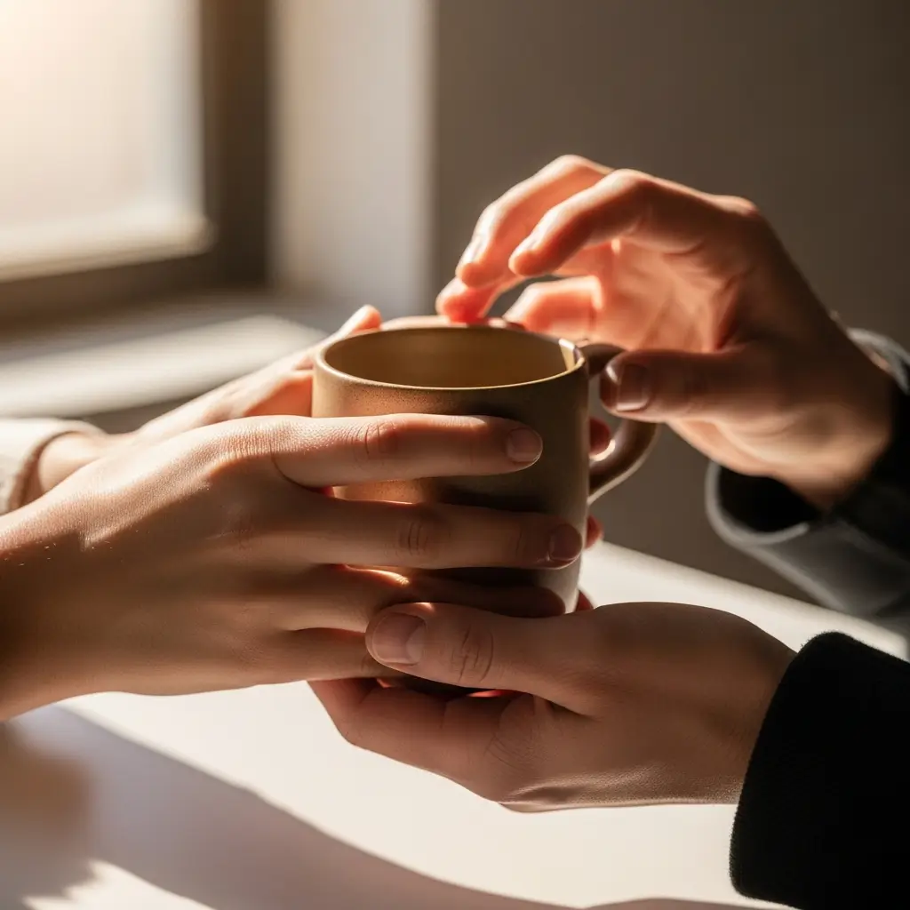 Mani diverse tengono un oggetto minimalista di alta qualità, simboleggiando connessione personale e il valore di un brand in un ambiente caldo.