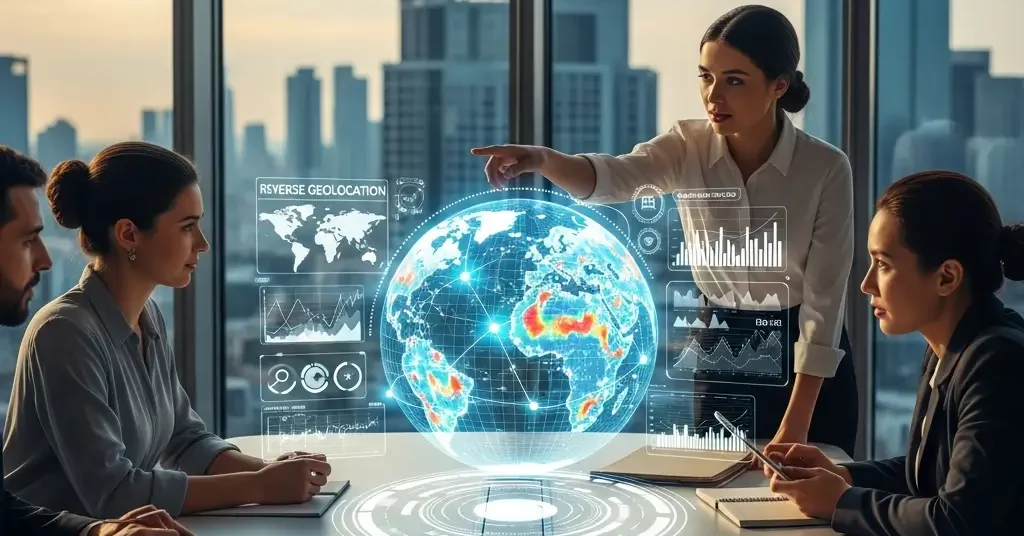 Estrategas analizan una proyección holográfica de un globo con datos de SEO internacional en una sala moderna. Uno señala una región y otro toma notas.