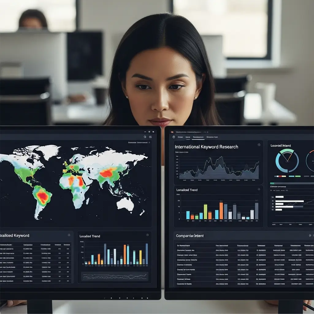 Profesional asiática analiza datos de palabras clave globales y tendencias SEO en dos monitores de oficina moderna.