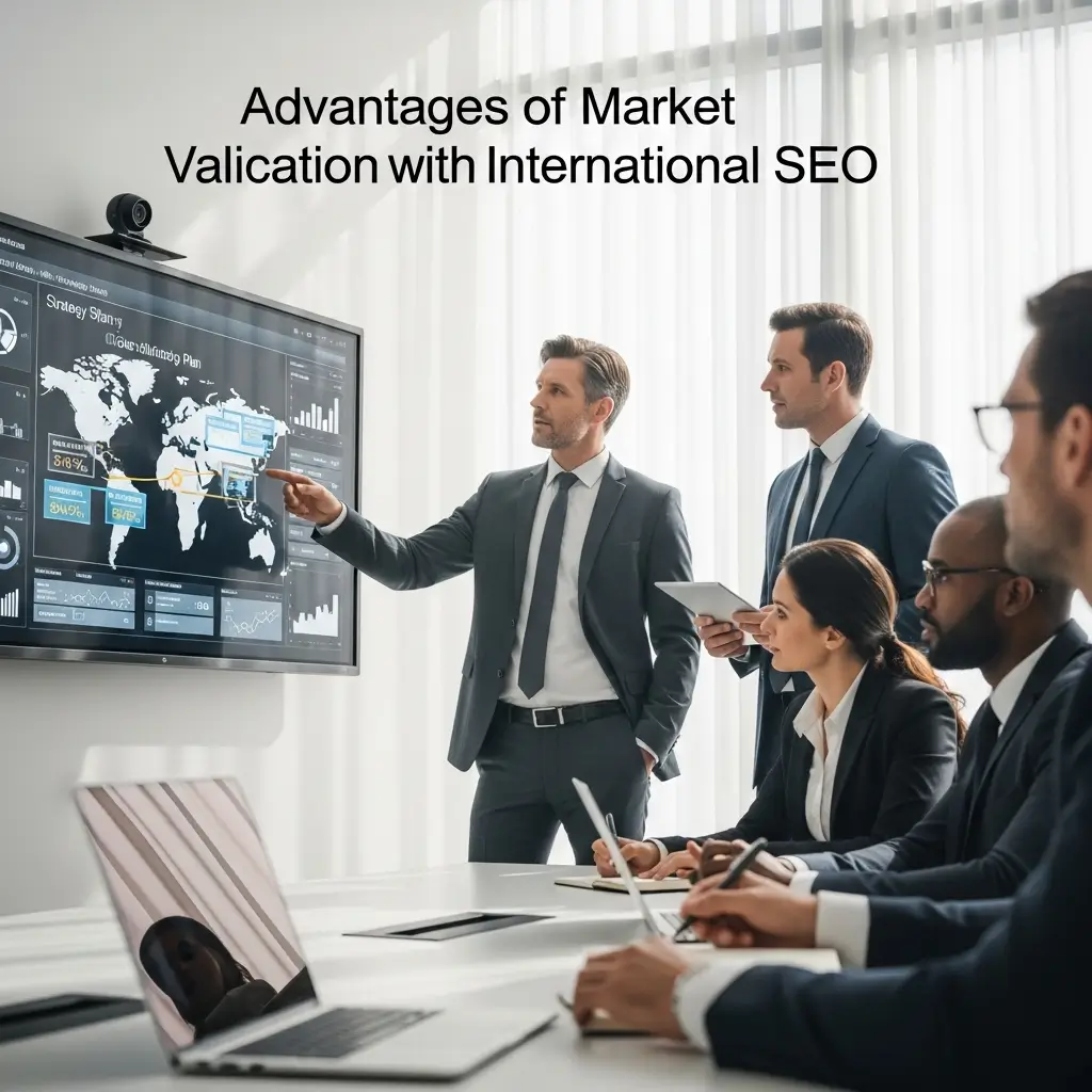 Ejecutivos en sala de juntas moderna analizan estrategia global de SEO internacional. Uno señala pantalla con métricas, proyectando confianza.