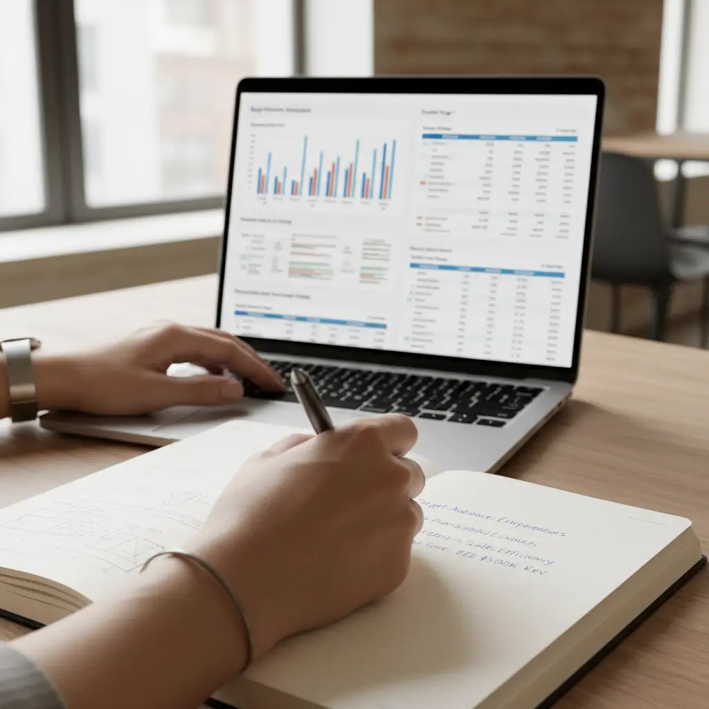 Mani di un professionista che analizza dati dettagliati di prospezione digitale su un laptop per la qualificazione dei lead.