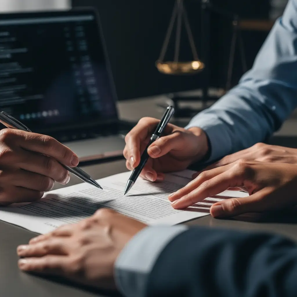 Mani professionali analizzano un contratto dettagliato su una scrivania elegante con un portatile, mostrando uno studio minuzioso del rischio