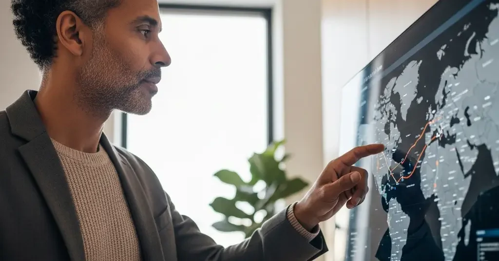 Profesional enfocado analiza datos geopolíticos y económicos en un mapa digital interactivo, mostrando confianza estratégica en una oficina moderna y luminosa.