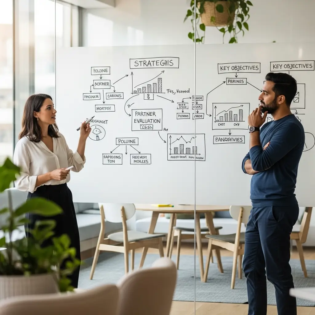 Dos profesionales en una sala moderna y luminosa analizan diagramas estratégicos para la evaluación de socios y objetivos clave.