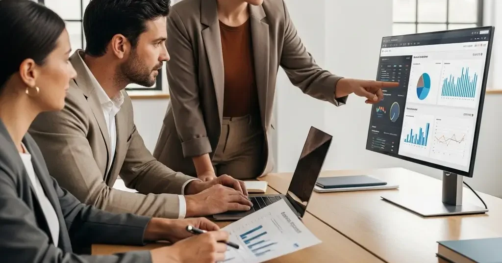 Tres profesionales colaboran en el análisis de datos para la detección de socios comerciales estratégicos internacionales.