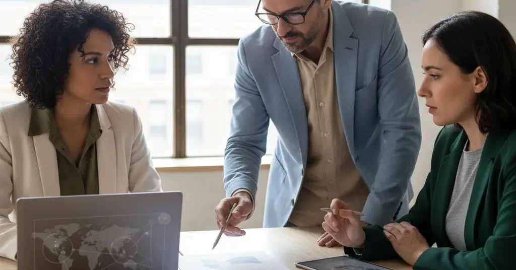 Equipo diverso analiza investigación de mercado multidioma con datos y mapas, optimizando la estrategia SEO internacional.