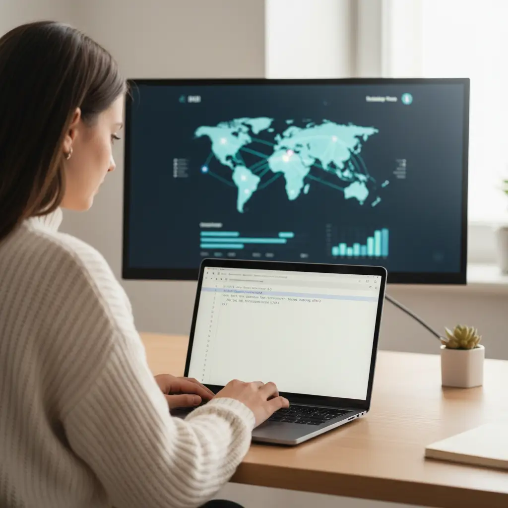 Estratega web optimizando código en laptop para SEO internacional y multilingüe. Fondo con red global en oficina moderna y luminosa.