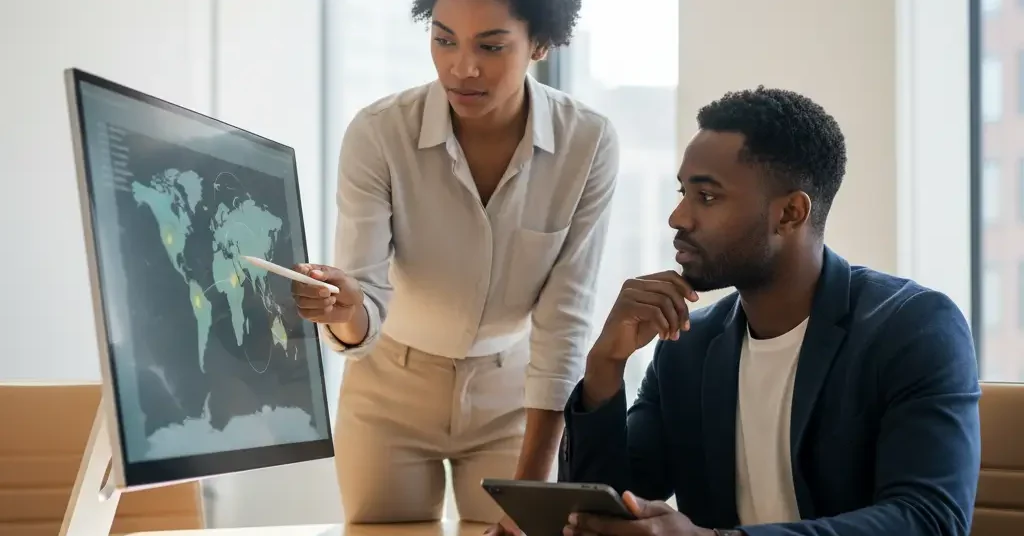 Dos profesionales diversos analizan un mapa mundial interactivo en pantalla, señalando estrategias de expansión global y prospección B2B. Entorno moderno.