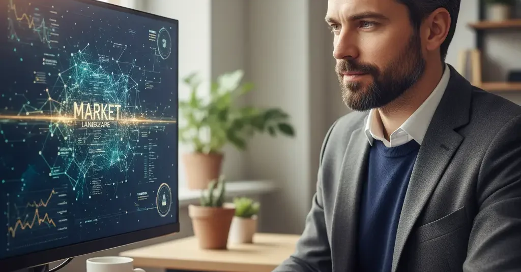 Profesional concentrado analiza datos complejos en pantalla, mostrando perspicacia estratégica en oficina moderna y luminosa.