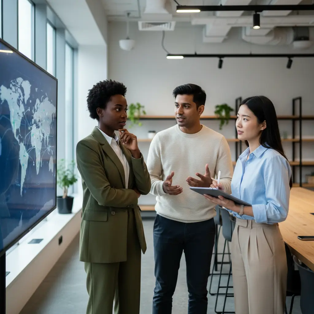 Tres profesionales diversos analizan tendencias de mercado global en una pantalla interactiva, colaborando en un coworking moderno y luminoso.
