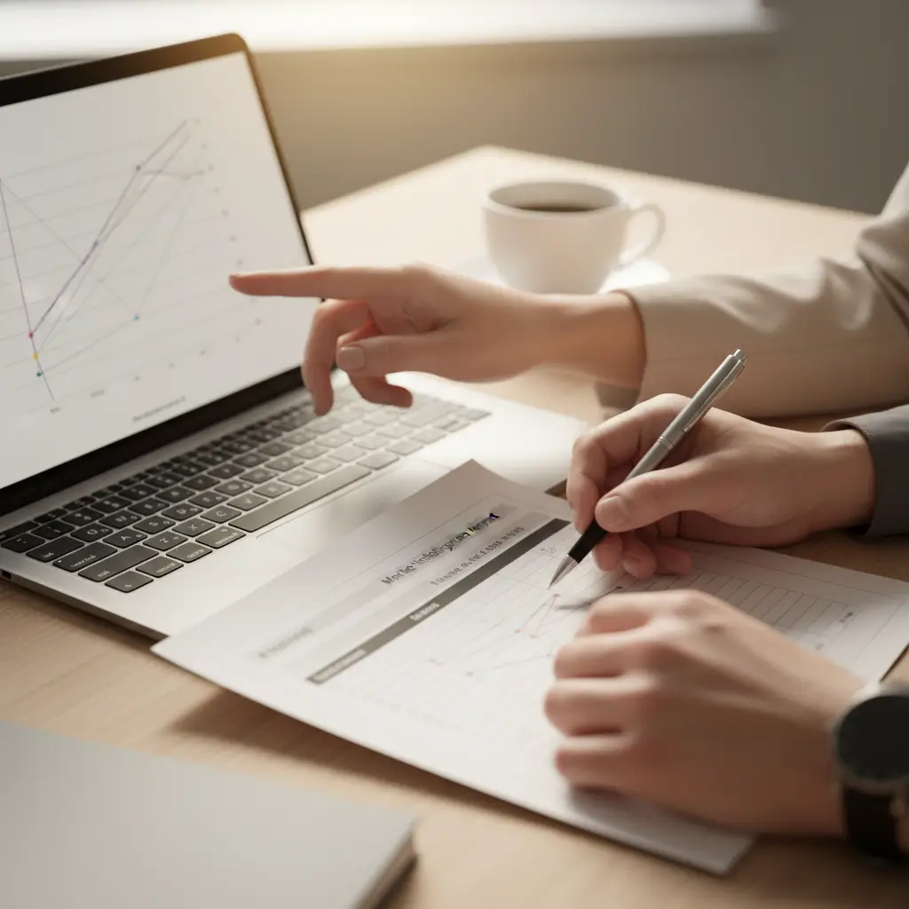 Manos diversas analizan datos en laptop y un informe de inteligencia de mercado sobre escritorio de madera, ambiente productivo y analítico.