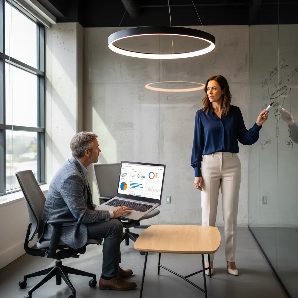 Dos profesionales diversos colaboran en un moderno espacio de ideación. Uno señala una estrategia de embudo digital en una pizarra, mientras el otro revisa un dashboard de CRM en un portátil. La escena transmite dinamismo y estrategia B2B.