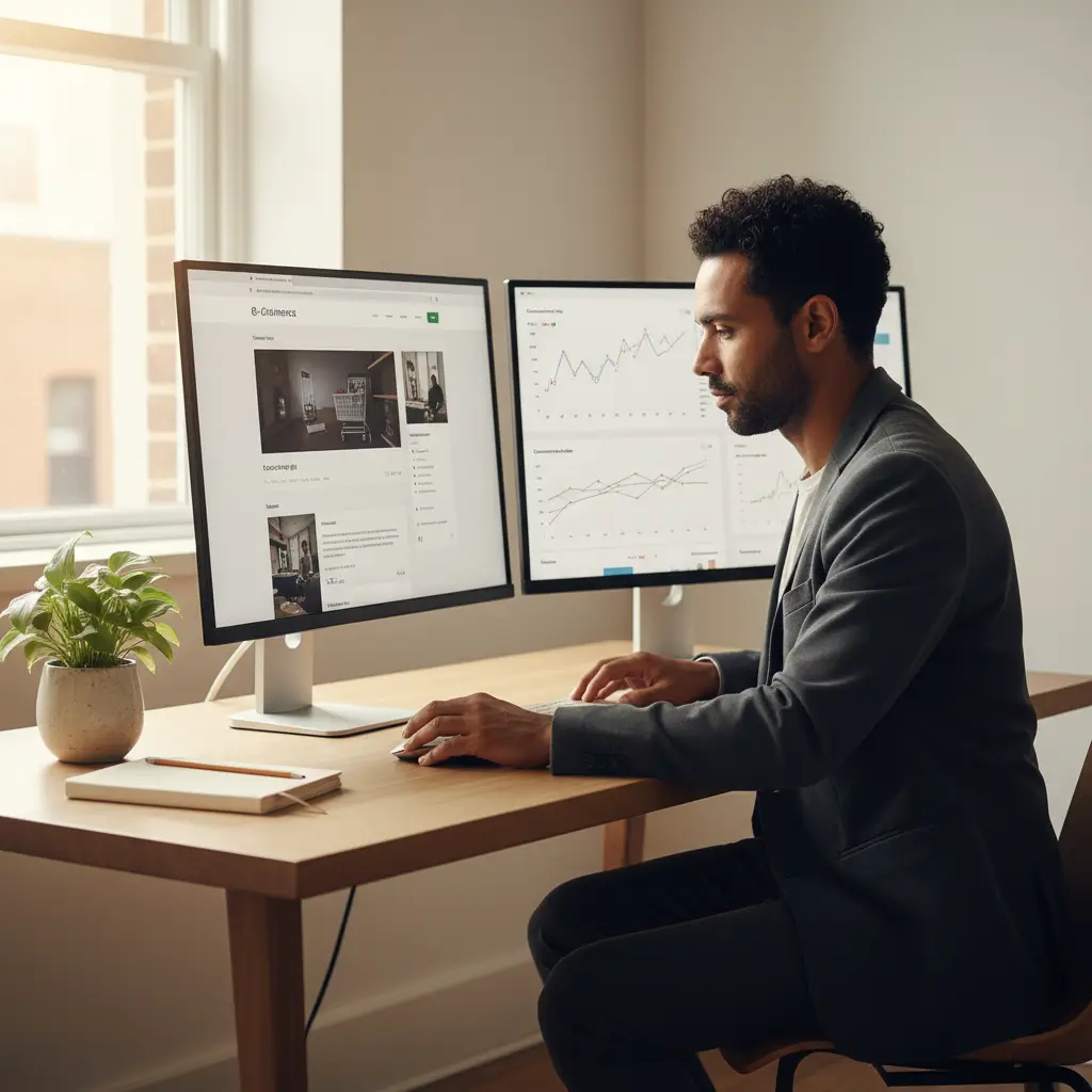 Profesional optimizando un e-commerce en un escritorio moderno, con datos analíticos para estrategia de venta internacional.