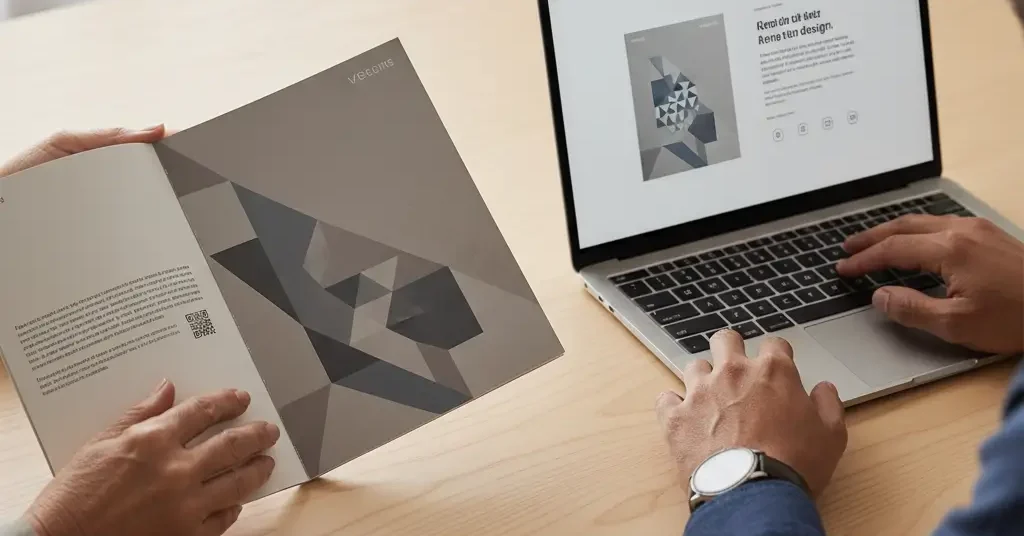 Manos diversas interactúan en mesa: una explora catálogo físico con QR, otra navega web en portátil, mostrando sinergia omnicanal B2B.