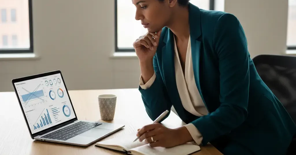 Profesional concentrado en un portátil con datos de mercado en coworking, planificando estrategias para vender en marketplaces internacionales.