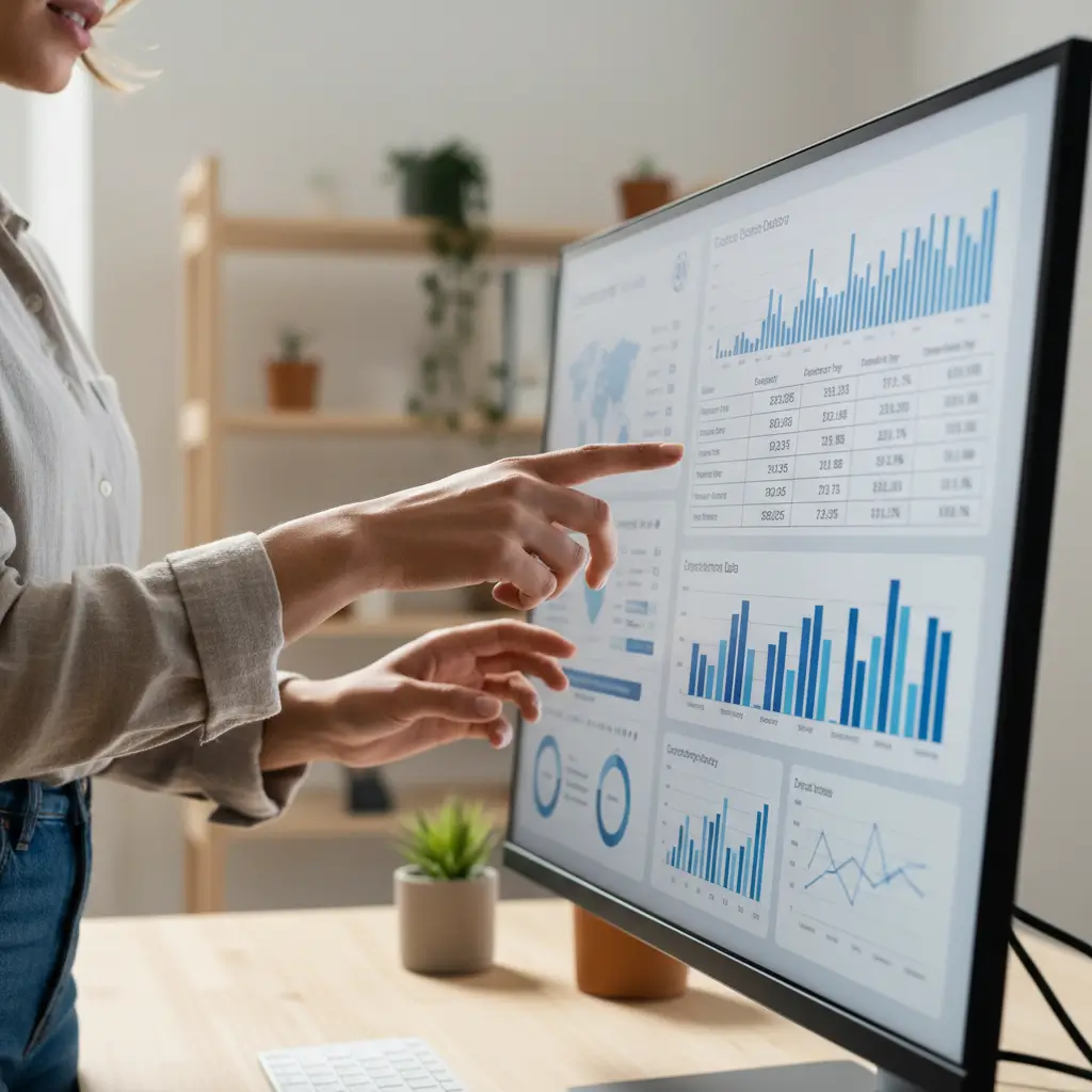 Mani collaborano su schermo tattile mostrando dati doganali. Analisi del commercio per l'intelligence competitiva.