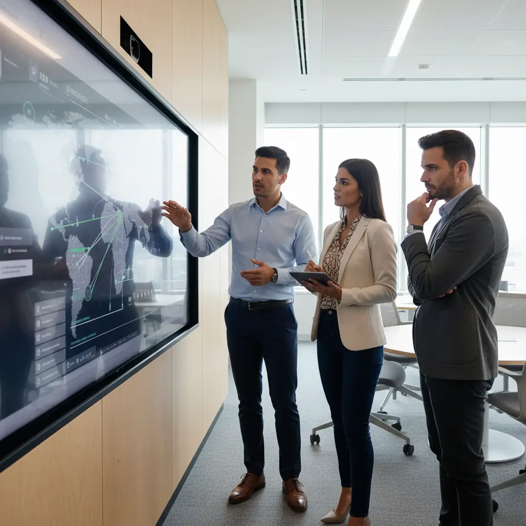 Team eterogeneo analizza una dashboard di analisi competitiva globale su una lavagna digitale, discutendo strategie di mercato in uno spazio moderno e collaborativo.