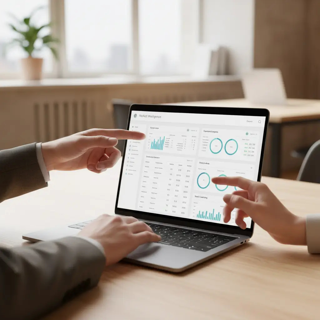 Mani di uomo e donna che collaborano su un portatile, analizzando dati di concorrenza internazionale su una dashboard di market intelligence, con focus nitido sullo schermo.