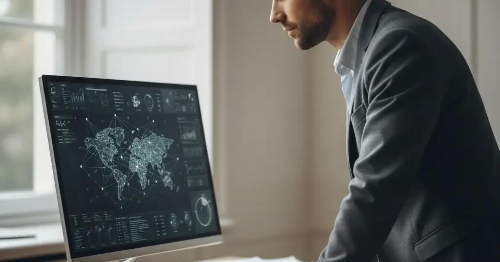 Profesional concentrado analiza visualización de datos de mercado en pantalla, monitoreando competencia global con estrategia y rigor.