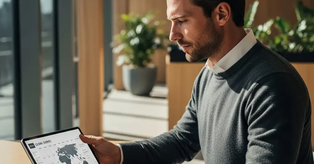 Estratega revisa un calendario de eventos en su tablet y cuaderno dentro de una oficina moderna y luminosa.