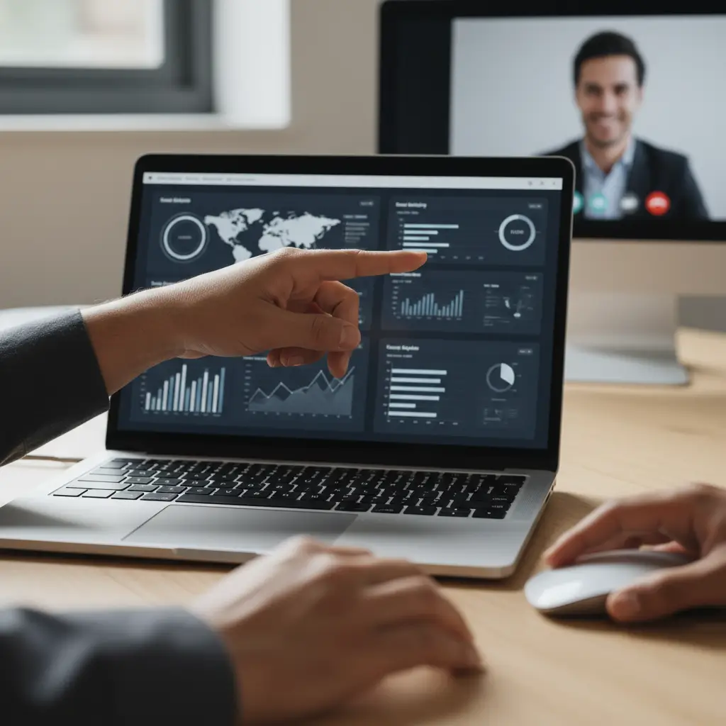 Primo piano di diverse mani che analizzano dati di mercati globali su un laptop, con una videochiamata di collaborazione remota in sottofondo.