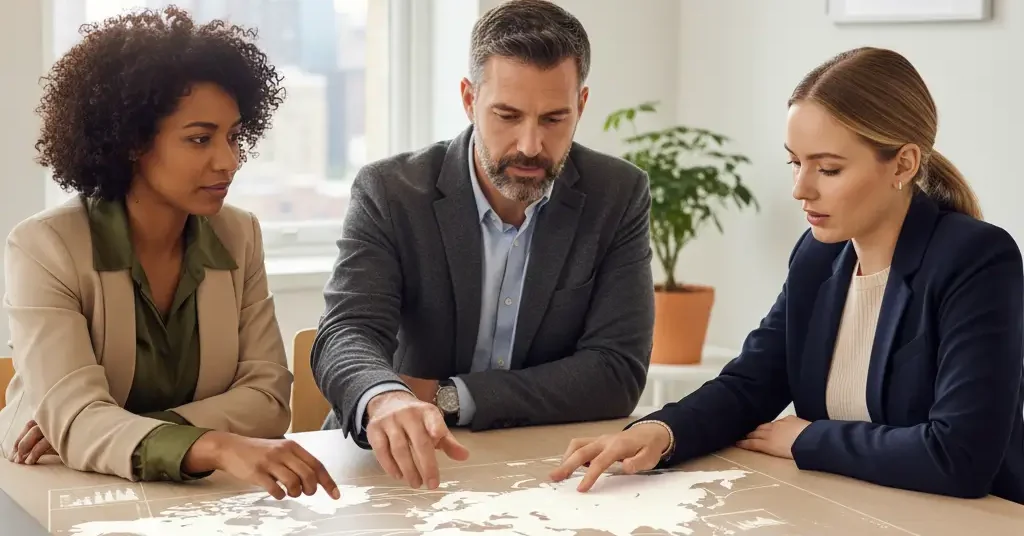 Equipo diverso en sala moderna analizando mapa mundial proyectado con datos de mercado, gesticulando y colaborando en estrategia.