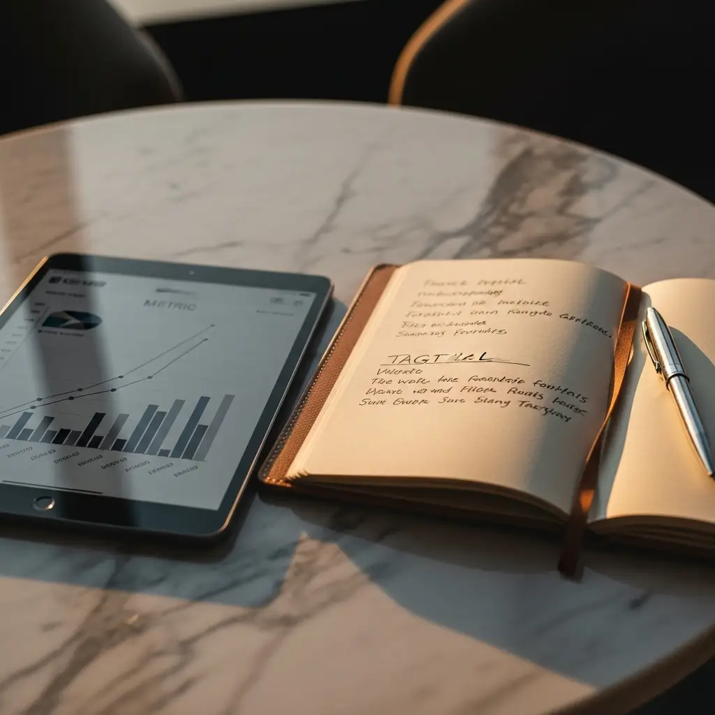 Tablet con grafici, agenda in pelle e penna su marmo sotto luce calda, riflettendo il rigore di un accordo professionale.