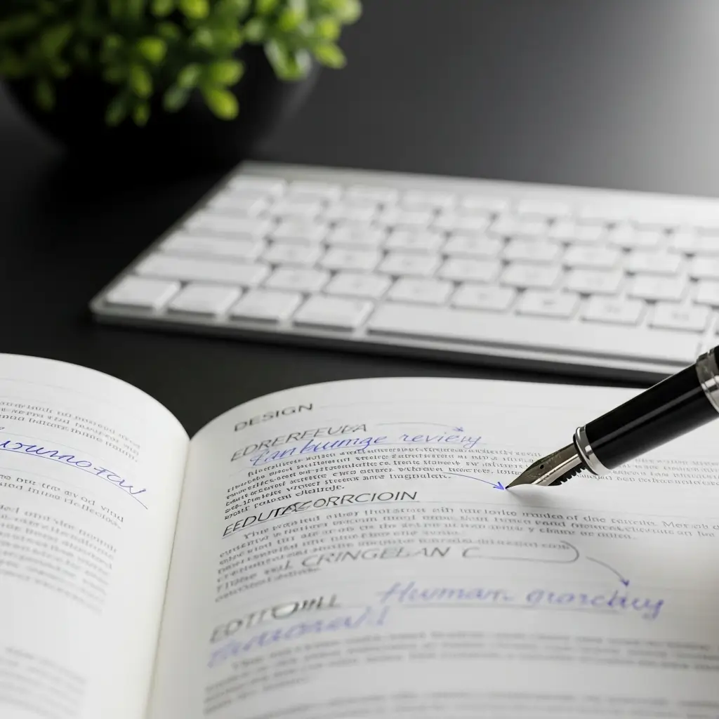 Teclado y libreta con anotaciones manuales y correcciones editoriales que simbolizan la revisión humana.