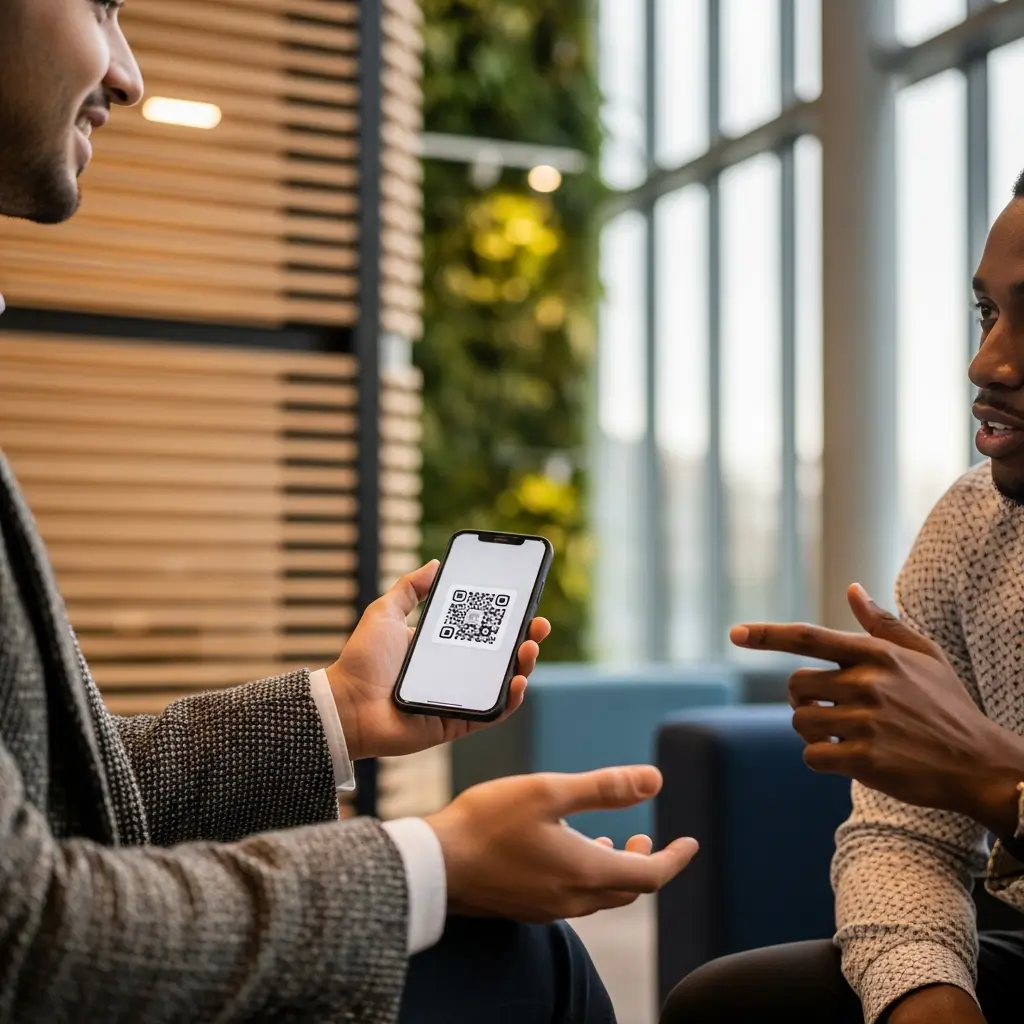 Professionisti in un lounge biofilico usano un codice QR sul cellulare per scambiare contatti e chiudere riunioni di lavoro.