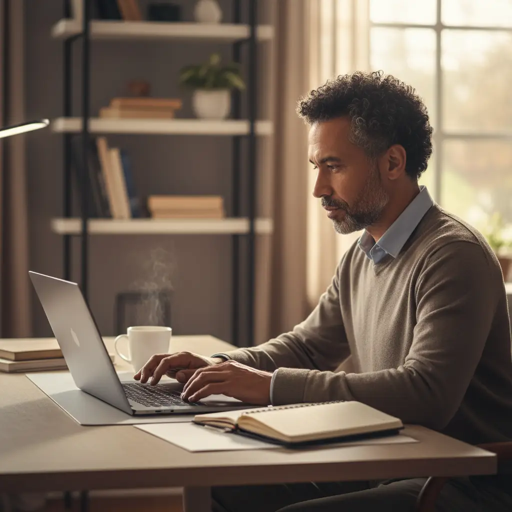 Professionista di mezza età concentrato sul suo laptop su una scrivania ergonomica in un ufficio domestico, con quaderno e caffè.