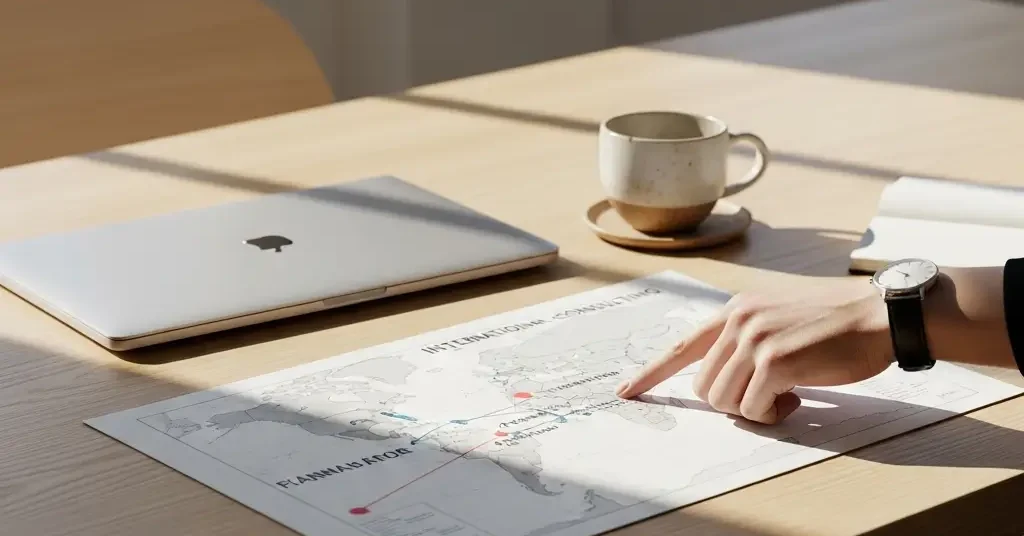 Consultor señala un punto estratégico en un mapa de mercado sobre una mesa de oficina luminosa.