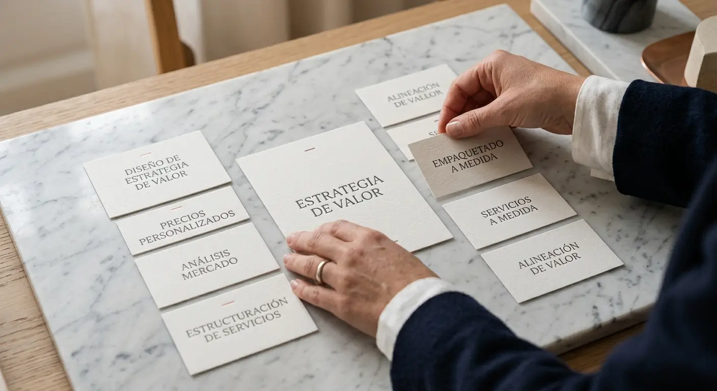 Manos profesionales organizando tarjetas de papel de alta calidad sobre mármol para estructurar servicios.