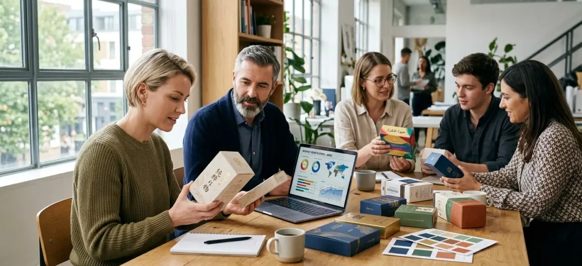 Consultores analizan muestras de packaging premium y datos demográficos en un estudio moderno con luz natural.