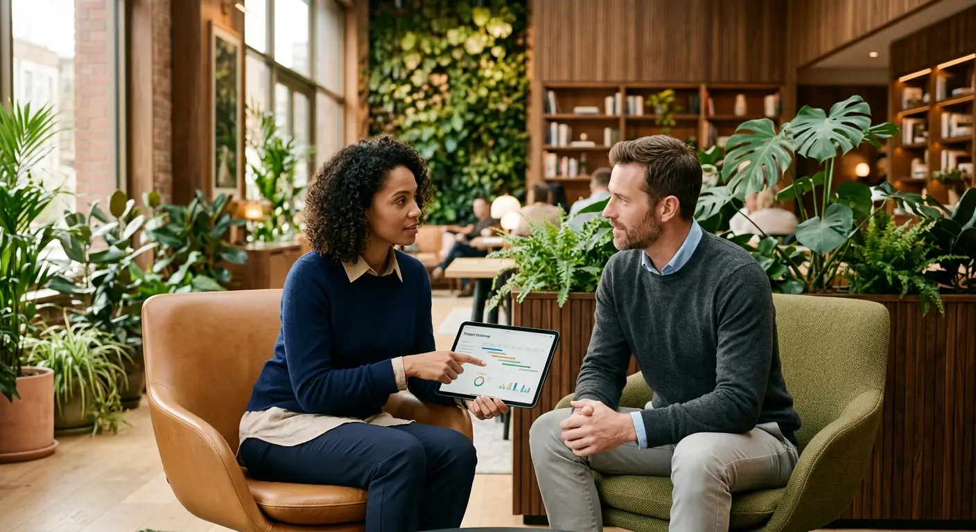 Profesionales en charla colaborativa con una tablet en un coworking de lujo con luz natural.