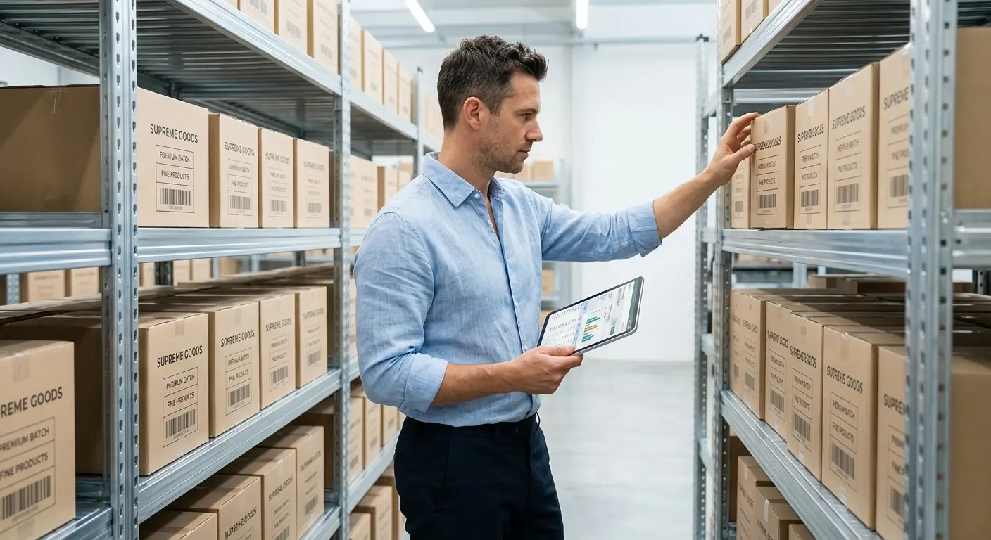 Consultant with a tablet checking premium boxes on aluminum shelves in a modern and clean logistics facility.