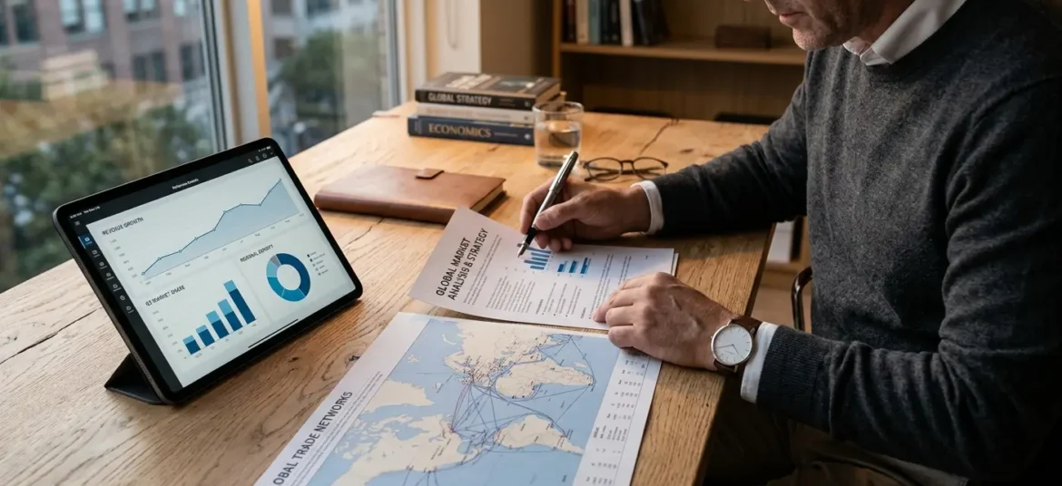 Estratega revisa un mapa comercial y una tablet con gráficos sobre un escritorio de roble bajo luz natural.