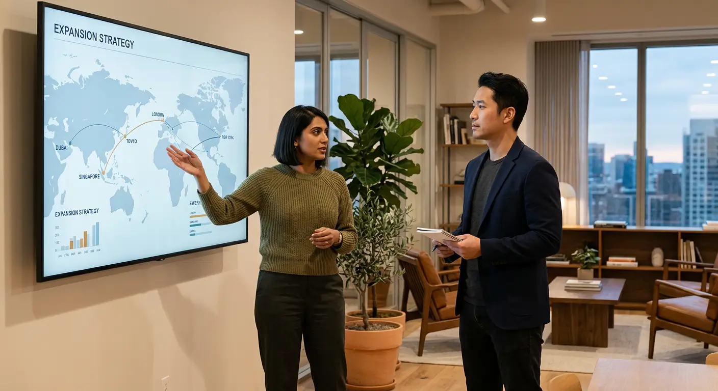 Due professionisti analizzano una mappa logistica globale su uno schermo in un ufficio moderno per pianificare un'espansione.