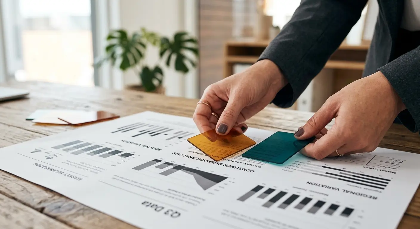 Mani di un consulente che regola campioni di colore su un rapporto stampato per una strategia di brand globale.